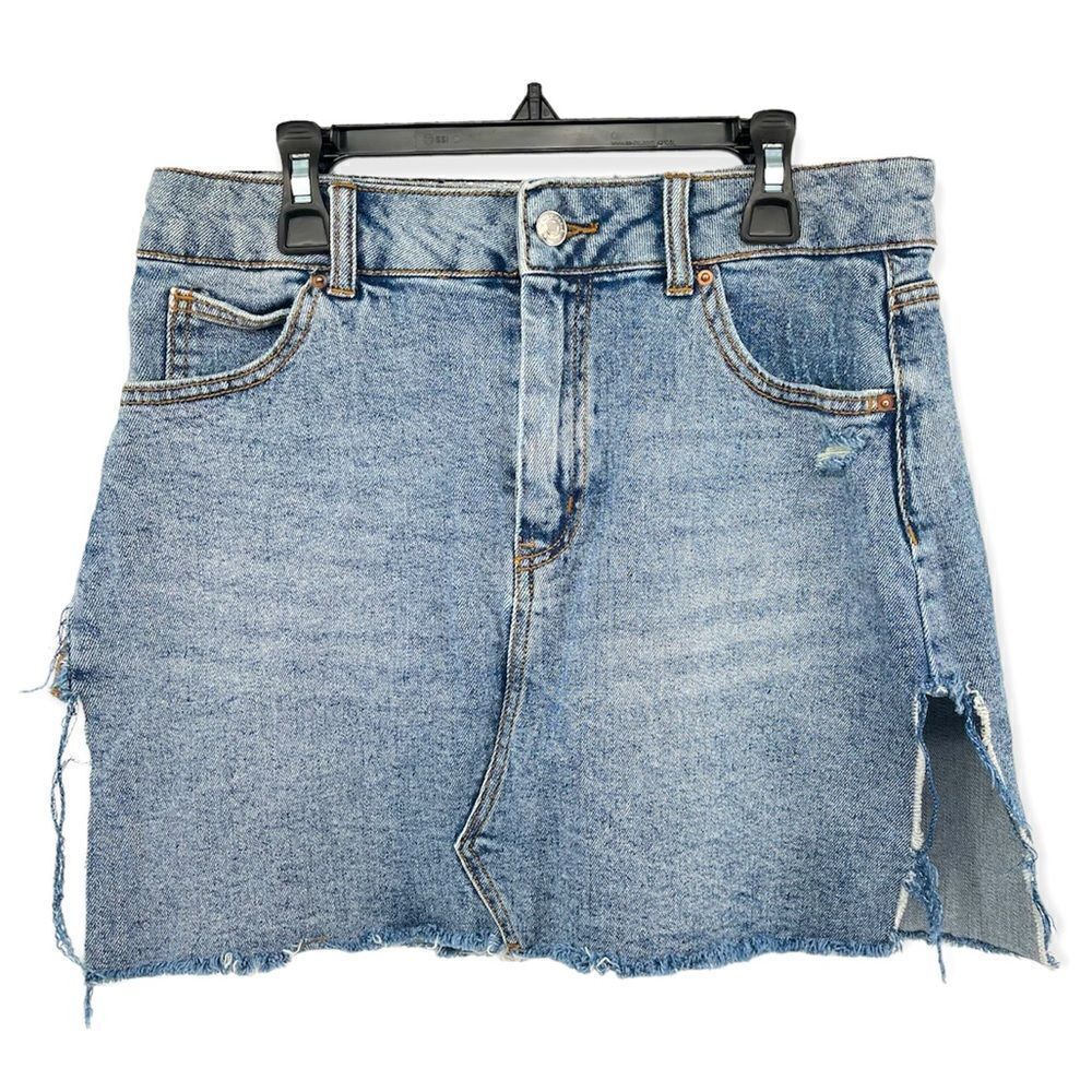 Wild Fable Women’s Blue Raw Fringe Hem Double Slit Denim Jean Mini Skirt Size 10